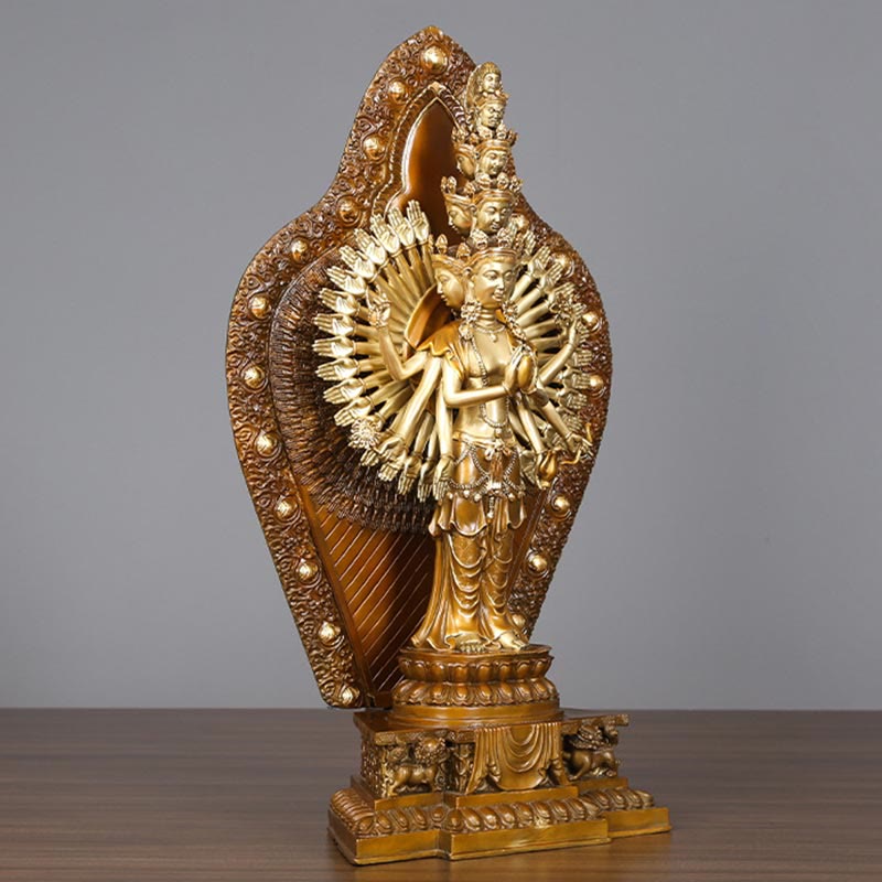 Thousand-Armed Avalokitesvara Kwan Yin Wealth Brass Copper Statue Decor – Central prayer mudra, compassion gesture art