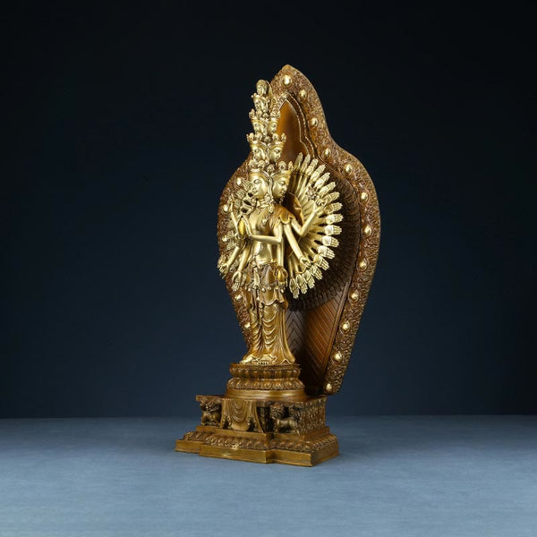 Thousand-Armed Avalokitesvara Kwan Yin Wealth Brass Copper Statue Decor – Temple altar suggestion, traditional Buddhist