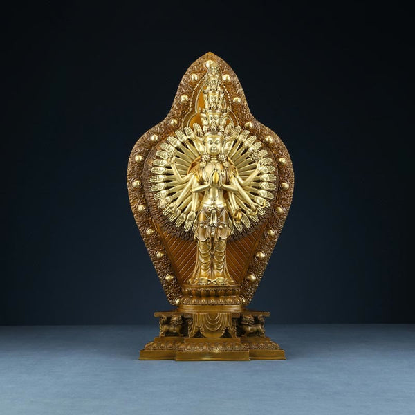 Thousand-Armed Avalokitesvara Kwan Yin Wealth Brass Copper Statue Decor – Hand scale reference, large statue size guide