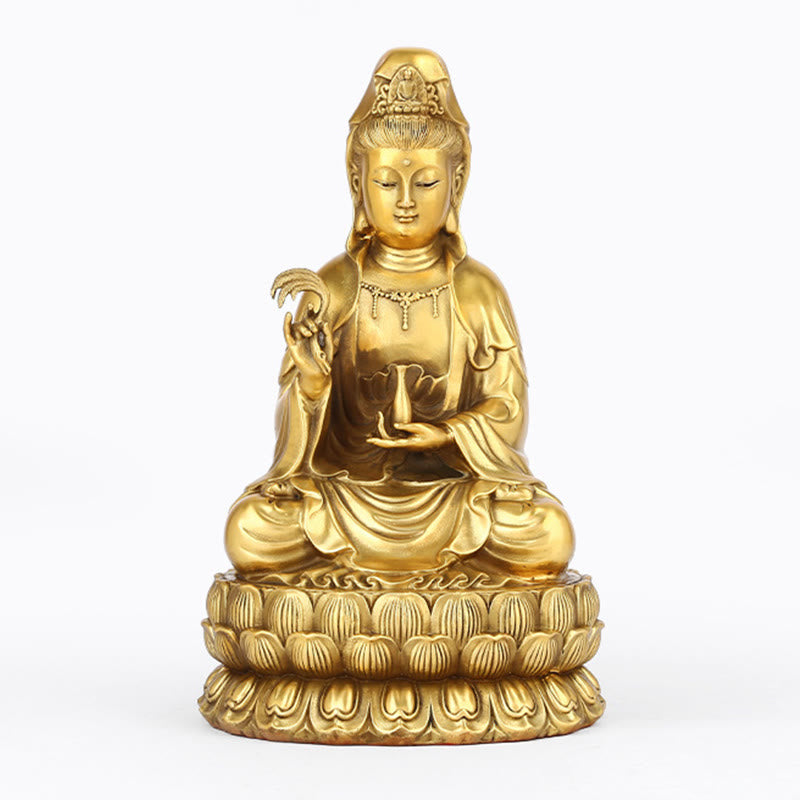 Kwan Yin Avalokitesvara Willow Bottle Harmony Brass Copper Statue Home Decor – Gentle face macro, compassionate goddess gaze