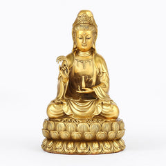 Kwan Yin Avalokitesvara Willow Bottle Harmony Brass Copper Statue Home Decor – Gentle face macro, compassionate goddess gaze