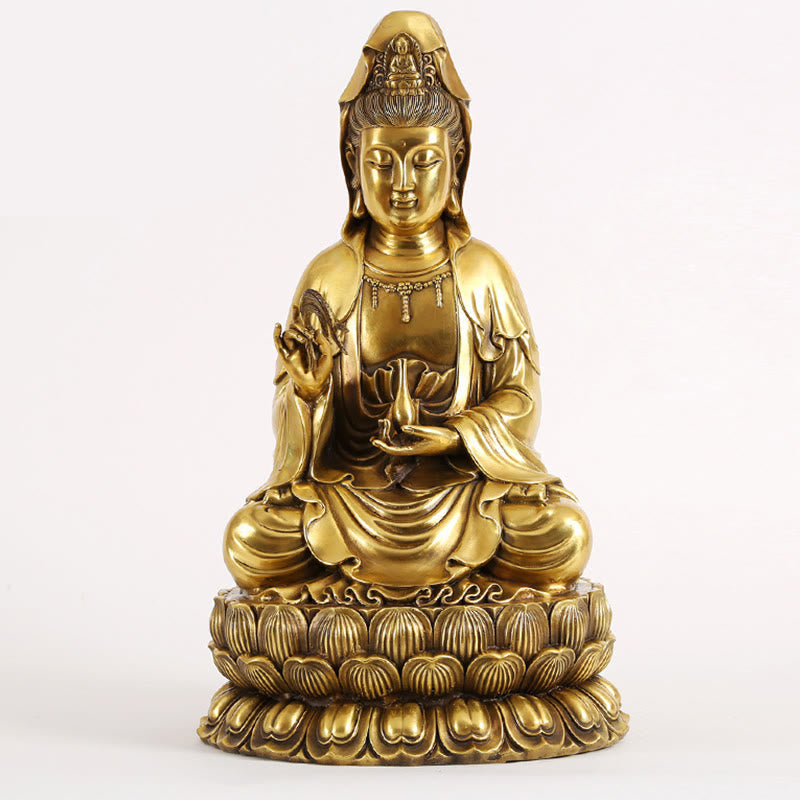 Kwan Yin Avalokitesvara Willow Bottle Harmony Brass Copper Statue Home Decor – Back robe patterns, intricate metalwork art