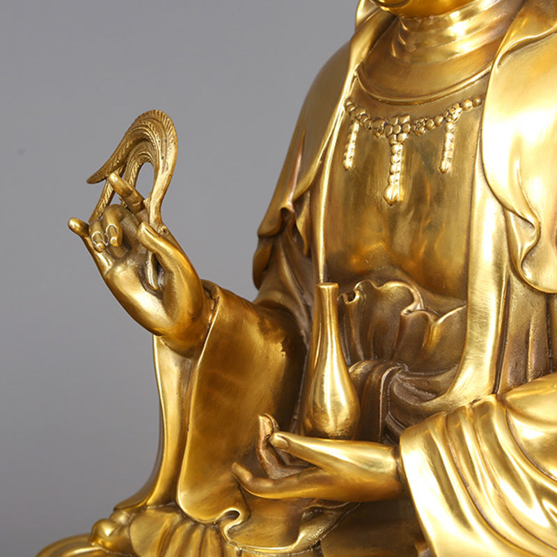 Kwan Yin Avalokitesvara Willow Bottle Harmony Brass Copper Statue Home Decor – Ambient light reflection, warm brass glow