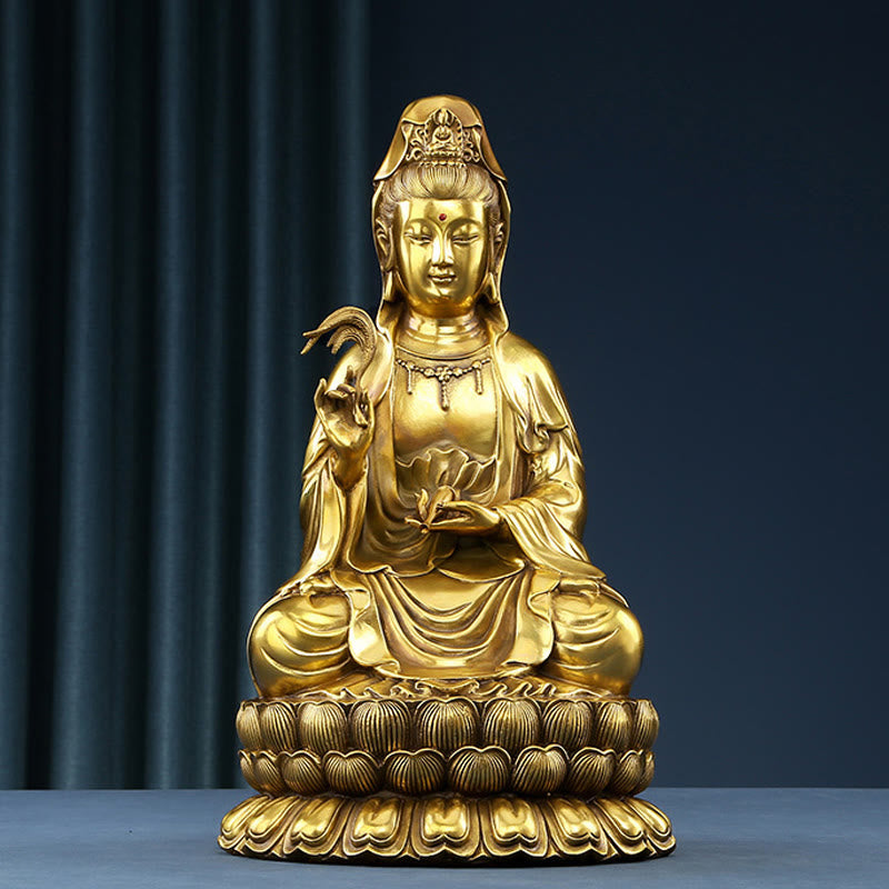Kwan Yin Avalokitesvara Willow Bottle Harmony Brass Copper Statue Home Decor – Front bottle view, Kwan Yin healing pose