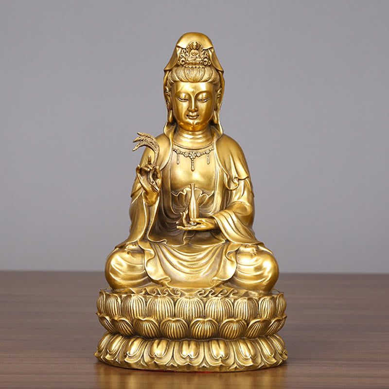 Kwan Yin Avalokitesvara Willow Bottle Harmony Brass Copper Statue Home Decor – Brass patina finish, vintage metal tone