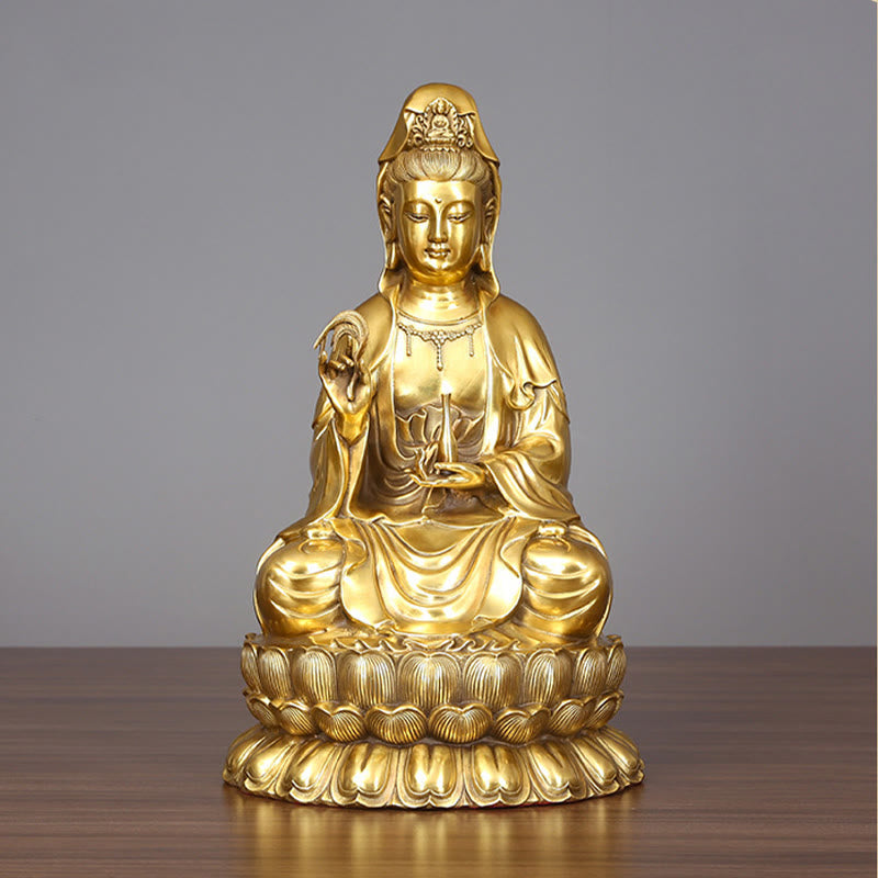 Kwan Yin Avalokitesvara Willow Bottle Harmony Brass Copper Statue Home Decor – Side bottle angle, accessory detail view