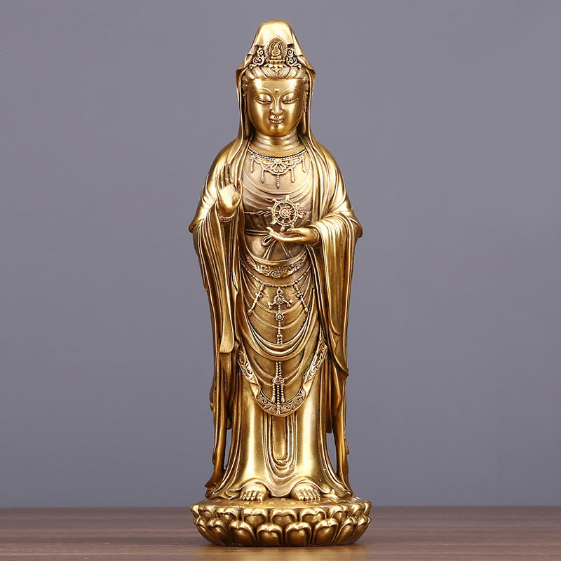 Kwan Yin Avalokitesvara Dharma Wheel Wealth Brass Copper Statue Decoration – Crown hair detail, deity statue carving
