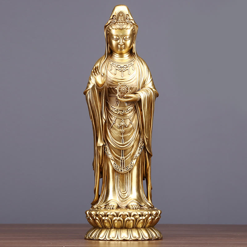 Kwan Yin Avalokitesvara Dharma Wheel Wealth Brass Copper Statue Decoration – Living room display, spiritual centerpiece