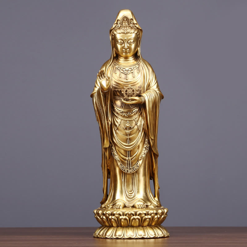 Kwan Yin Avalokitesvara Dharma Wheel Wealth Brass Copper Statue Decoration – Back lotus throne, ornate pedestal design