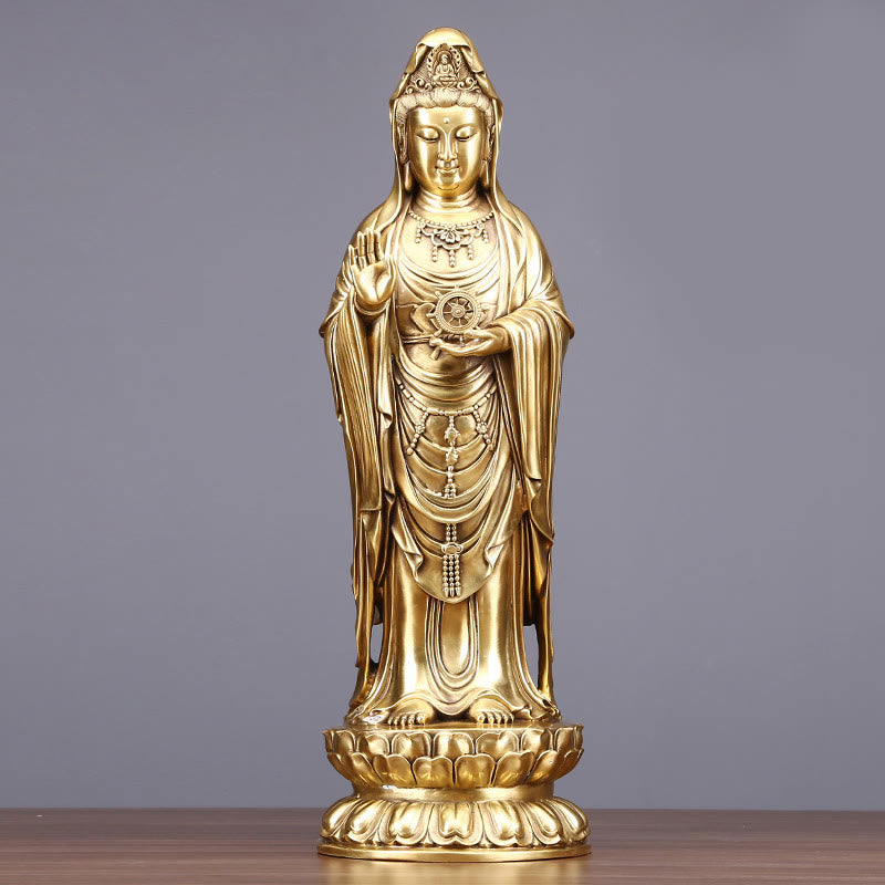 Kwan Yin Avalokitesvara Dharma Wheel Wealth Brass Copper Statue Decoration – Twin display idea, harmony pair decor