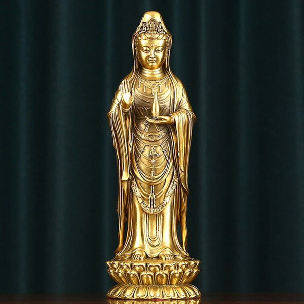 Kwan Yin Avalokitesvara Dharma Wheel Wealth Brass Copper Statue Decoration – Front Dharma wheel view, brass Kwan Yin art