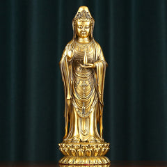 Kwan Yin Avalokitesvara Dharma Wheel Wealth Brass Copper Statue Decoration – Front Dharma wheel view, brass Kwan Yin art