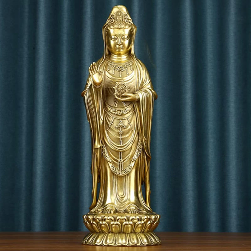 Kwan Yin Avalokitesvara Dharma Wheel Wealth Brass Copper Statue Decoration – Care cloth guide, maintenance kit shown