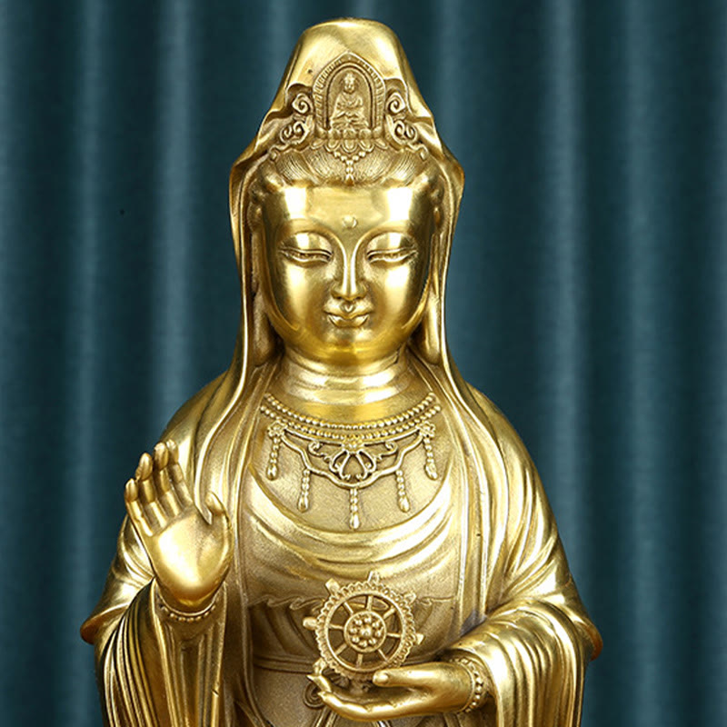 Kwan Yin Avalokitesvara Dharma Wheel Wealth Brass Copper Statue Decoration – Facial features macro, serene goddess gaze