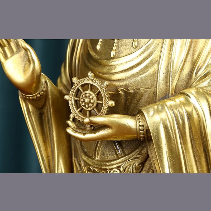 Kwan Yin Avalokitesvara Dharma Wheel Wealth Brass Copper Statue Decoration – Daylight illumination, golden brass glow