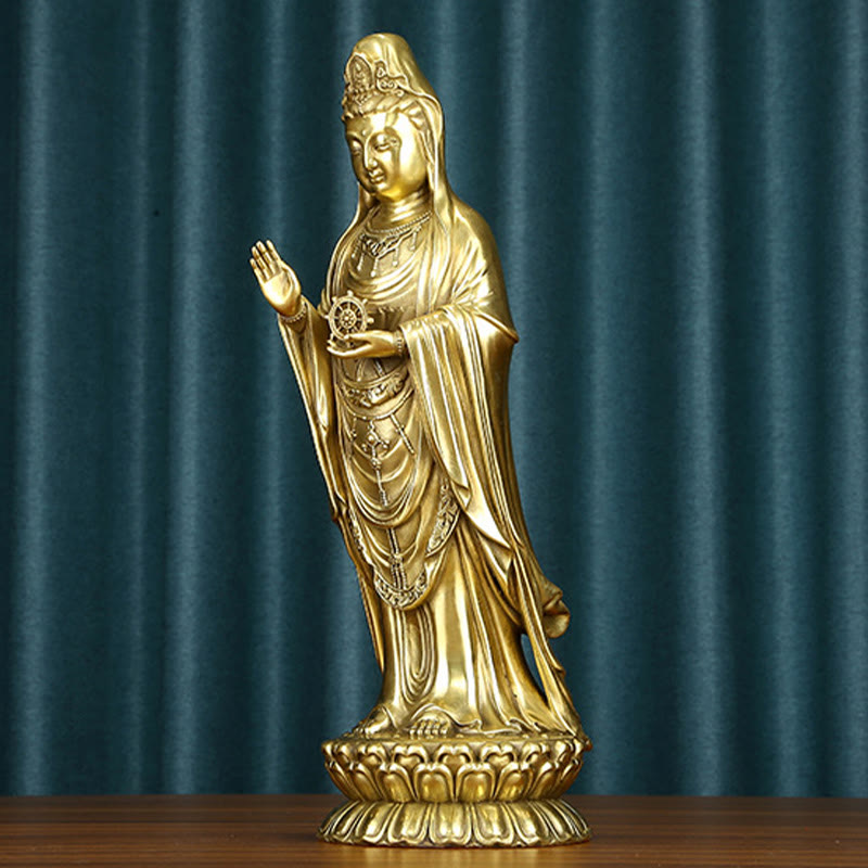 Kwan Yin Avalokitesvara Dharma Wheel Wealth Brass Copper Statue Decoration – Gift box presentation, luxury statue packaging
