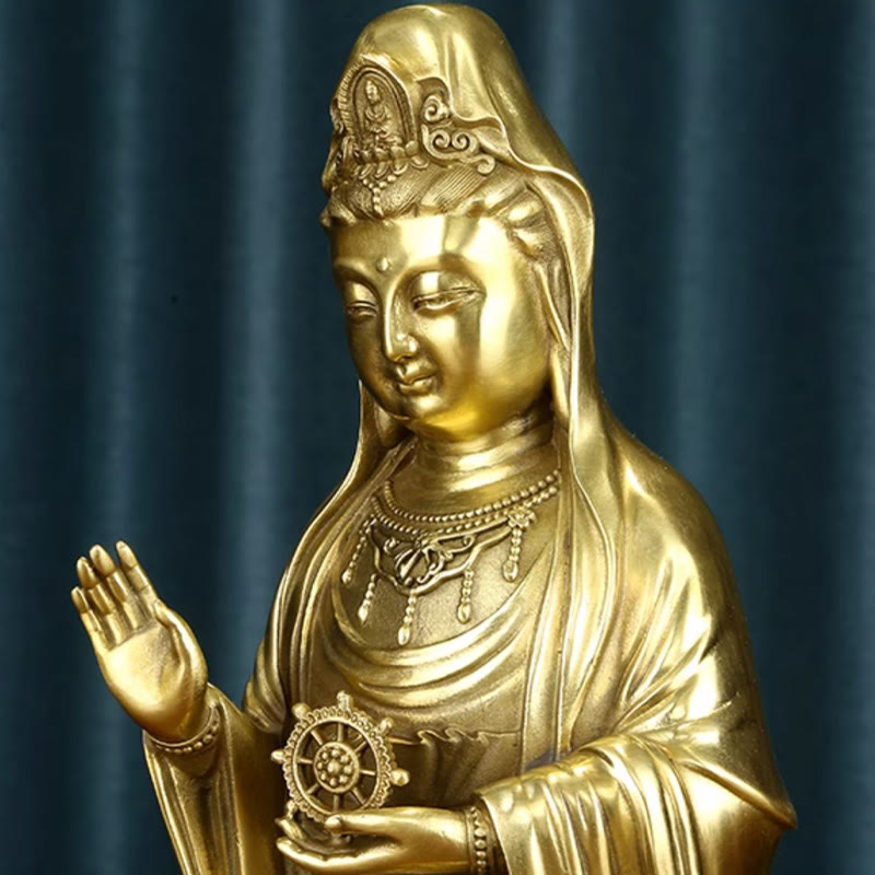 Kwan Yin Avalokitesvara Dharma Wheel Wealth Brass Copper Statue Decoration – Jade beads altar, offering setup display