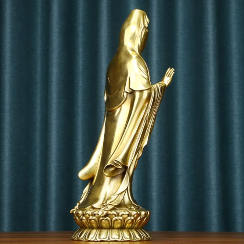 Kwan Yin Avalokitesvara Dharma Wheel Wealth Brass Copper Statue Decoration – Depth sculpture view, 3D art perspective