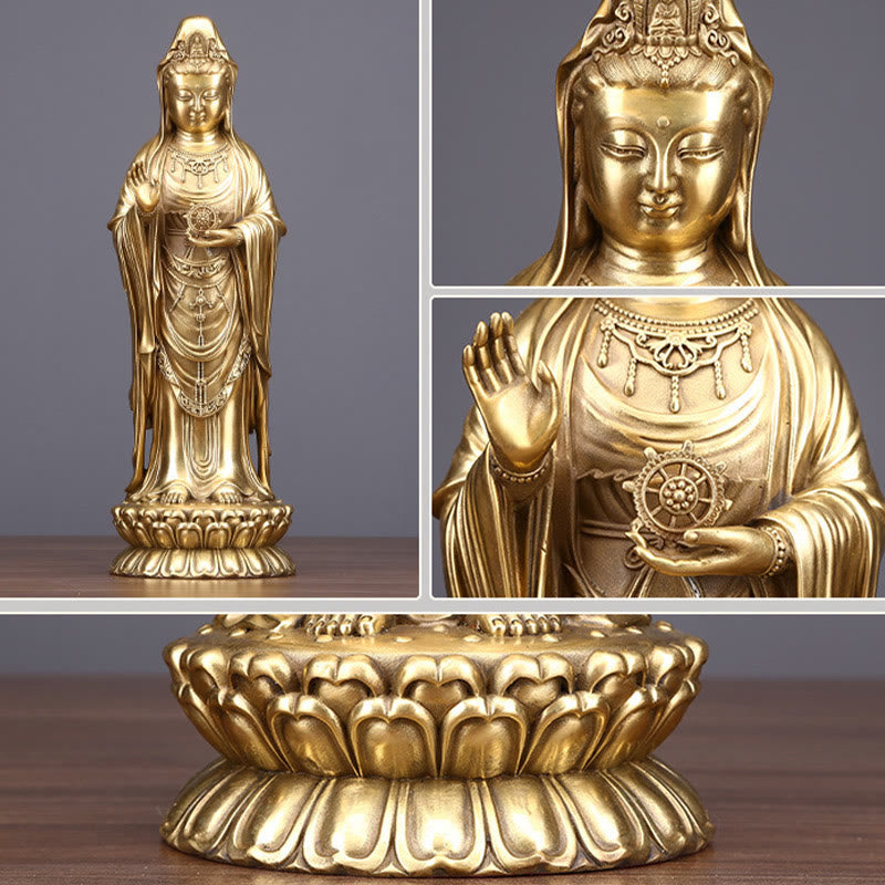Kwan Yin Avalokitesvara Dharma Wheel Wealth Brass Copper Statue Decoration – Side full profile, detailed silhouette art