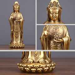 Kwan Yin Avalokitesvara Dharma Wheel Wealth Brass Copper Statue Decoration – Robe drape texture, brass copper finish
