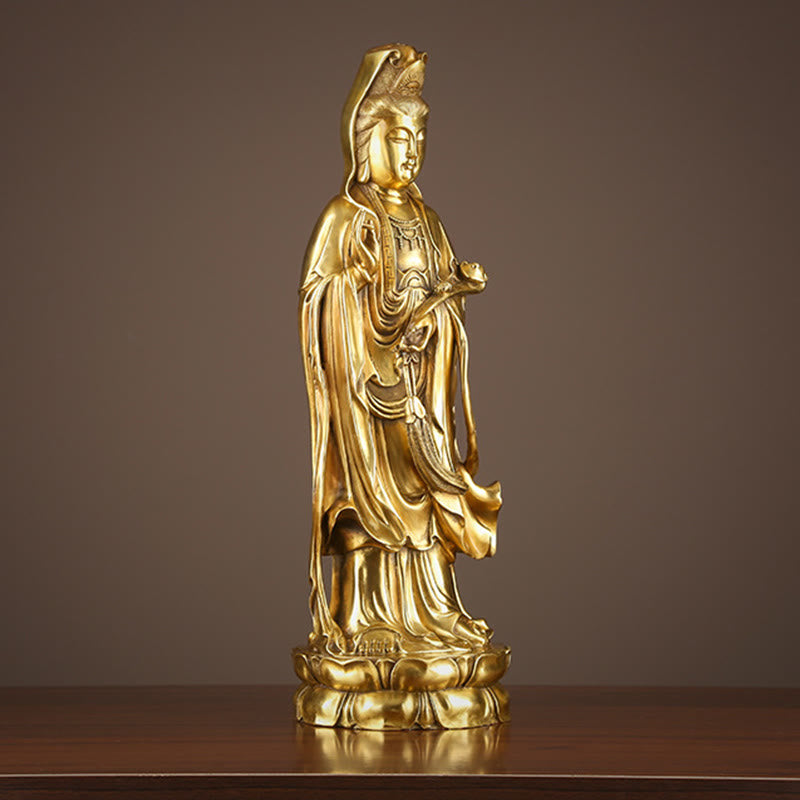 Kwan Yin Avalokitesvara Dharma Wheel Wealth Brass Copper Statue Decoration – Lotus throne seated, sacred statue pose
