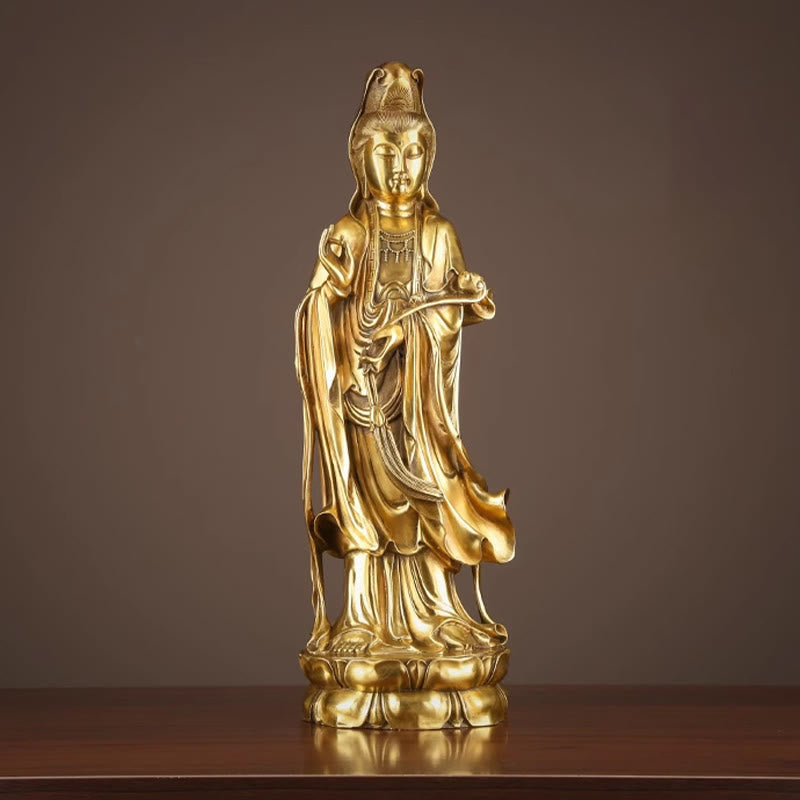 Kwan Yin Avalokitesvara Dharma Wheel Wealth Brass Copper Statue Decoration – Wealth symbol close-up, prosperity statue decor