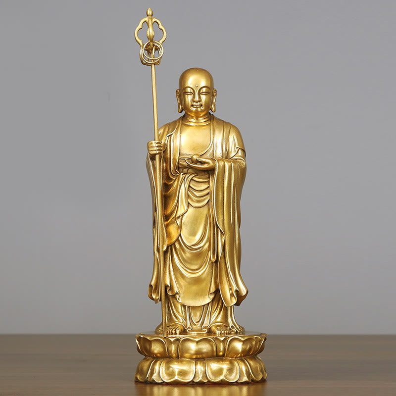 Ksitigarbha Bodhisattva Compassion Copper Statue Home Offering Decoration – Right hand staff, monk staff ornament