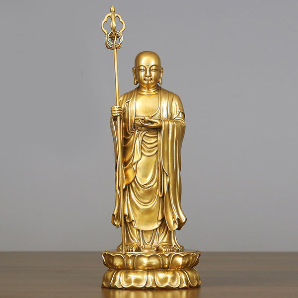 Ksitigarbha Bodhisattva Compassion Copper Statue Home Offering Decoration – Right hand staff, monk staff ornament