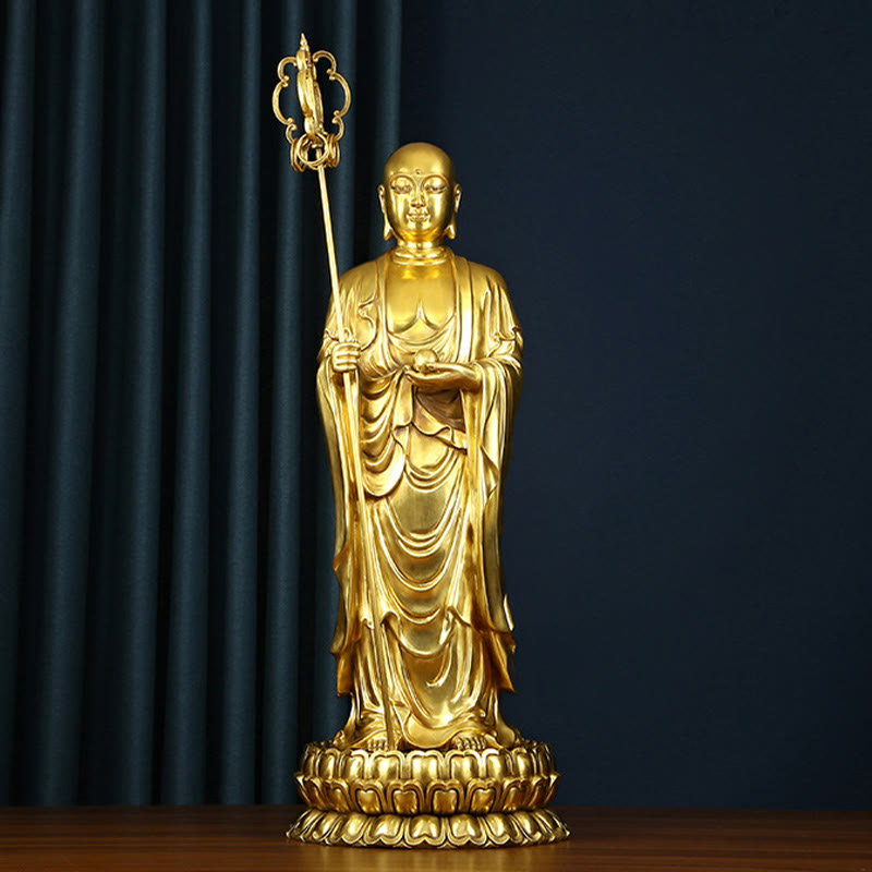 Ksitigarbha Bodhisattva Compassion Copper Statue Home Offering Decoration – Front Bodhisattva view, copper Buddhist statue