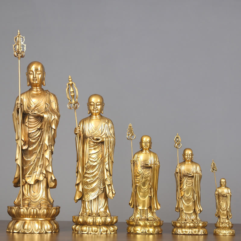 Ksitigarbha Bodhisattva Compassion Copper Statue Home Offering Decoration – Crown robe carving, sacred copper art detail