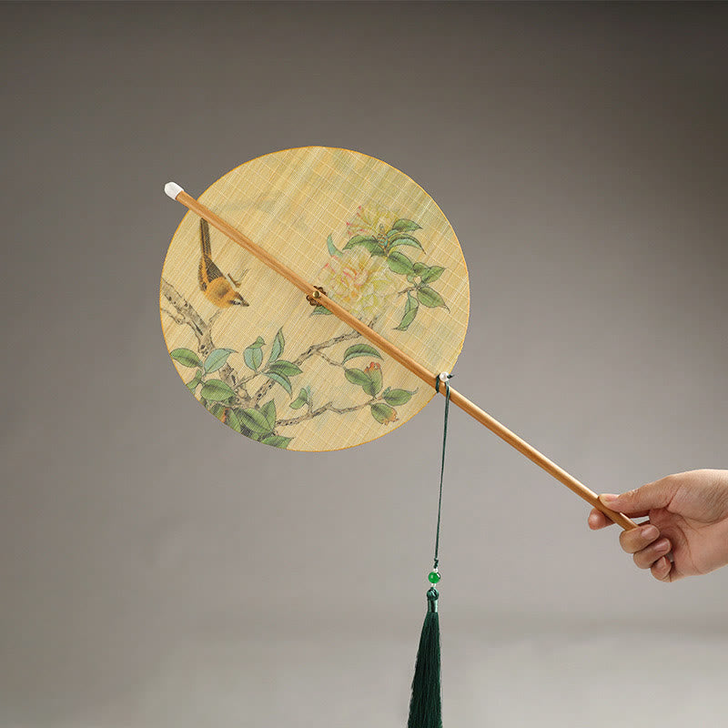 Chinese Koi Fish Lotus Fan - round silk fan with bird and flower painting, bamboo handle and green tassel, gray background