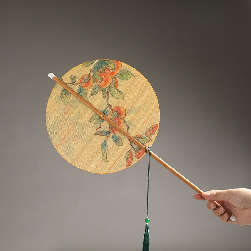 Chinese Koi Fish Lotus Fan - round fan with hand-painted persimmon fruit branch, bamboo handle and green tassel