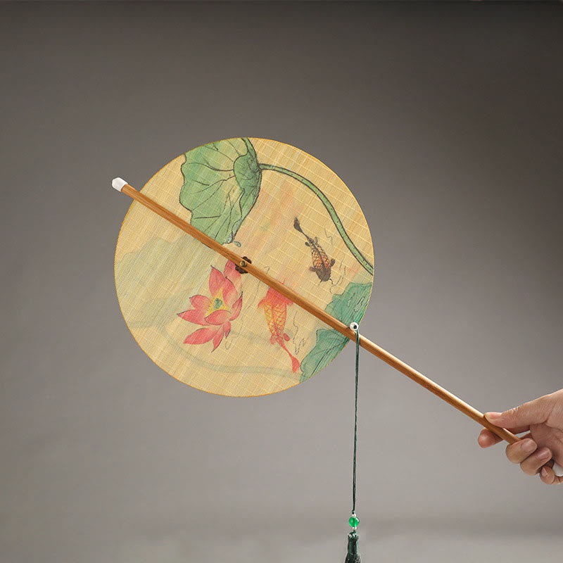Chinese Koi Fish Lotus Fan - round fan with lotus flower and two koi fish painting, pink blossom and green leaves