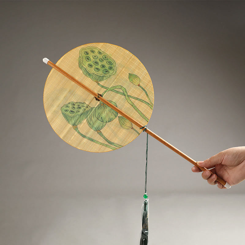 Chinese Koi Fish Lotus Fan - round fan with lotus seed pod botanical illustration, bamboo handle and jade bead