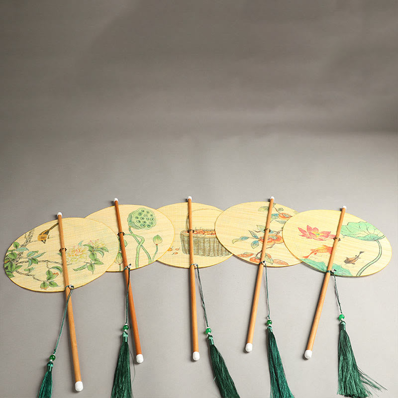 Chinese Koi Fish Lotus Fan - five round fans with varied botanical paintings, bamboo handles and green tassels