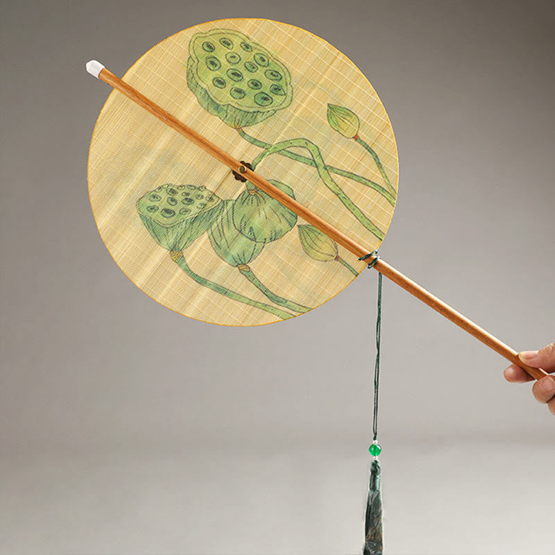 Chinese Koi Fish Lotus Fan - lotus pods and buds ink-wash painting on round silk fan with green tassel pendant