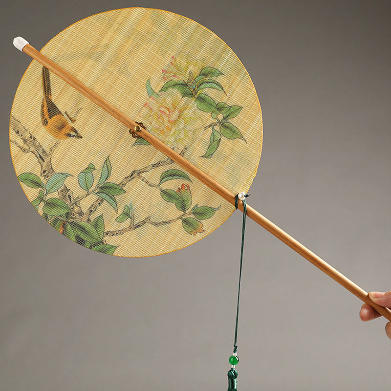 Chinese Koi Fish Lotus Fan - round fan with songbird on flowering branch, hand-painted silk, jade bead tassel