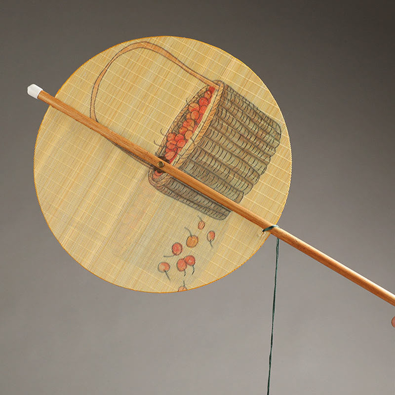 Chinese Koi Fish Lotus Fan - woven basket overflowing with red persimmons, hand-painted on round silk fan surface