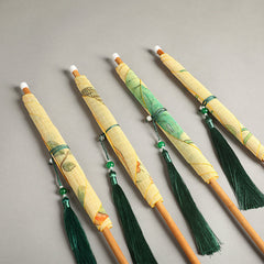 Chinese Koi Fish Lotus Fan - four rolled silk fans with bamboo handles, green tassels and botanical artwork on gray