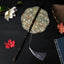 Purple Bamboo Handle Fan – Gold-green brocade with scalloped edge, folding fan