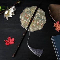 Purple Bamboo Handle Fan – Gold-green brocade with scalloped edge, folding fan