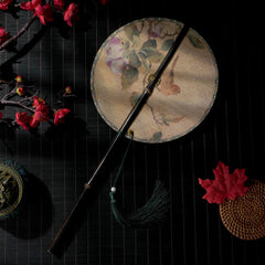 Hand-Painted Silk Round Fan – Bird and flower artwork with green tassel, folding fan
