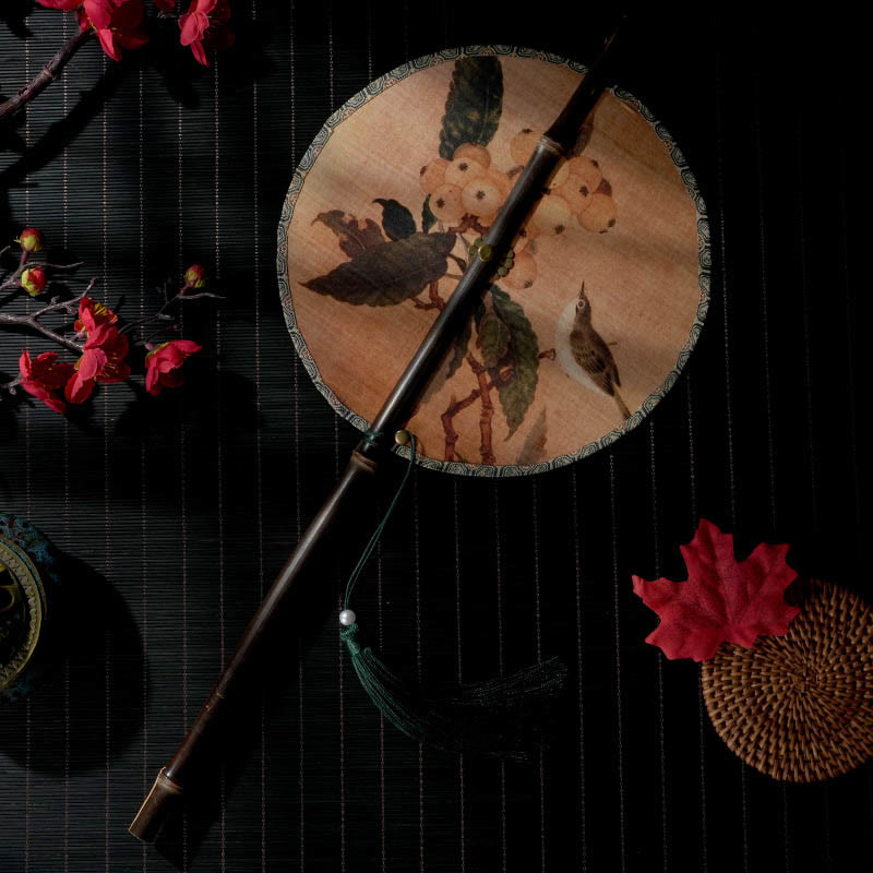 Silk Round Fan – Loquat tree bird painting on aged silk, folding fan