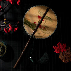 Lotus Painted Round Fan – Hand-painted lotus on aged silk, folding fan