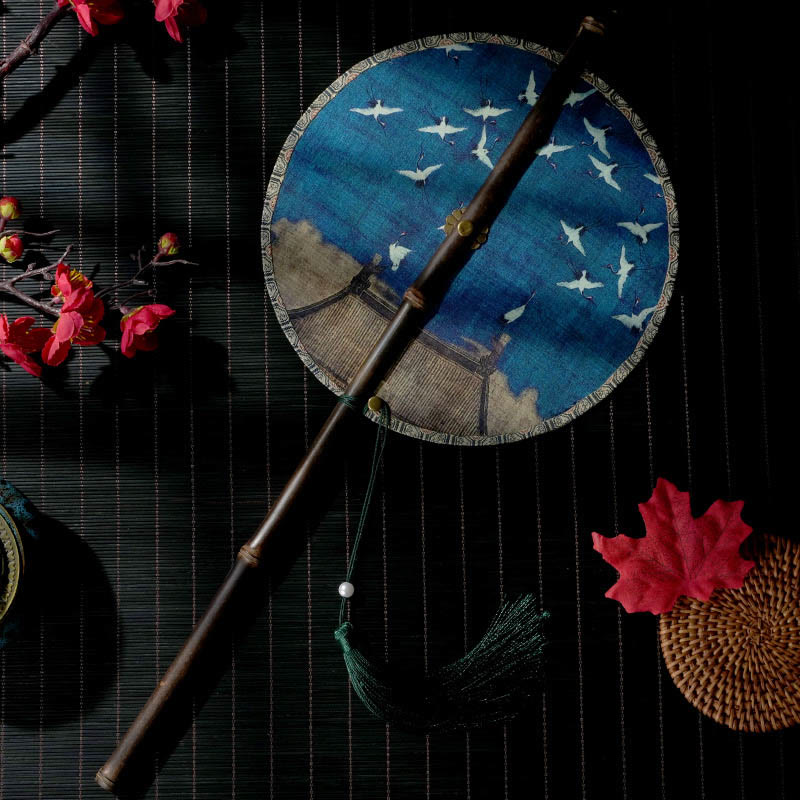 Crane Pattern Silk Fan – White cranes on blue sky with green tassel, folding fan