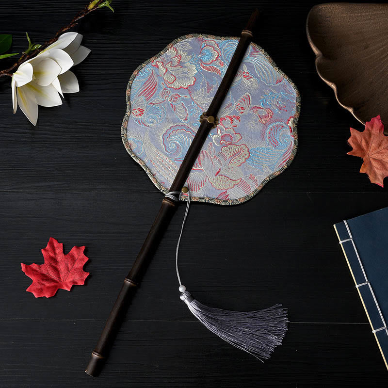 Peony Butterfly Brocade Fan – Iridescent lavender silk with scalloped edge, folding fan