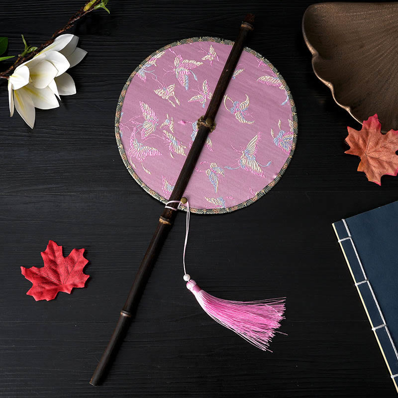 Pink Butterfly Silk Fan – Iridescent brocade with butterfly motif, folding fan