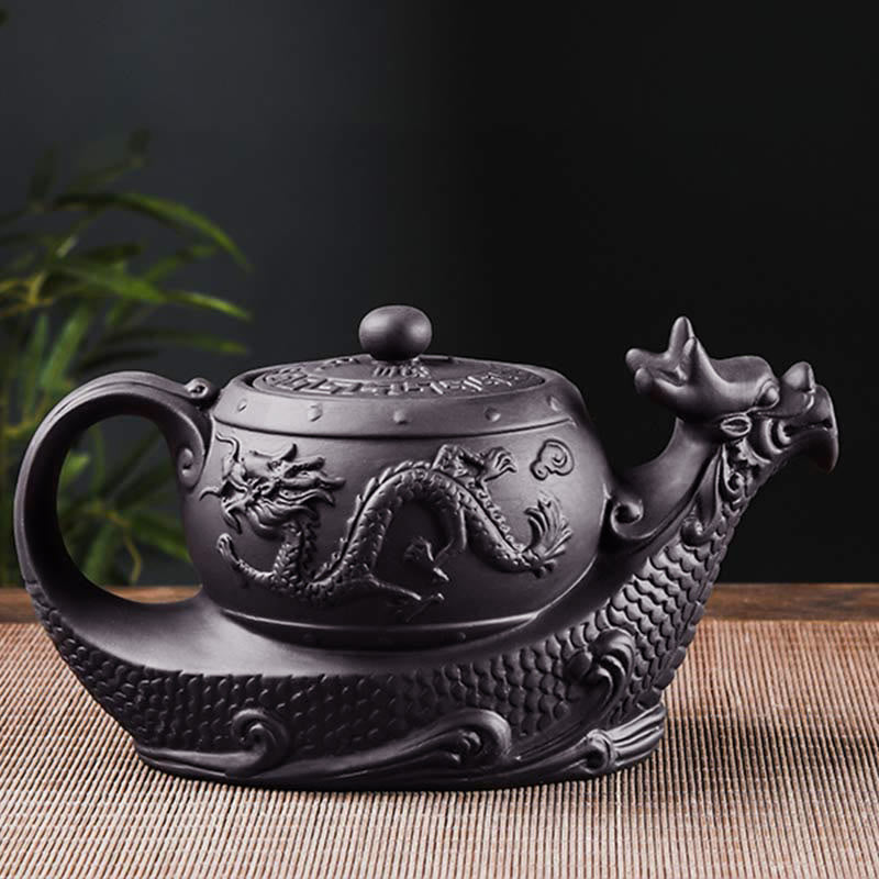 Vintage Dragon Auspicious Clouds Teapot – sculpted dragon head spout black teapot on rattan mat, detailed relief carving