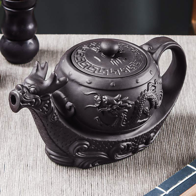 Vintage Dragon Auspicious Clouds Teapot – black dragon teapot with Greek key lid border on linen textile, premium minimal