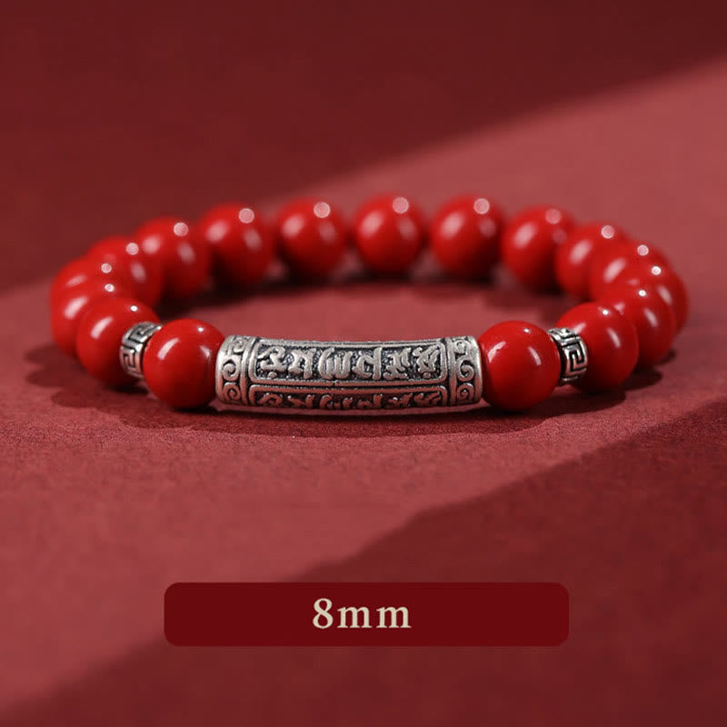 Cinnabar Sterling Silver Six True Words Bracelet – macro on dark red, silver relief carving detail, 8mm bracelet